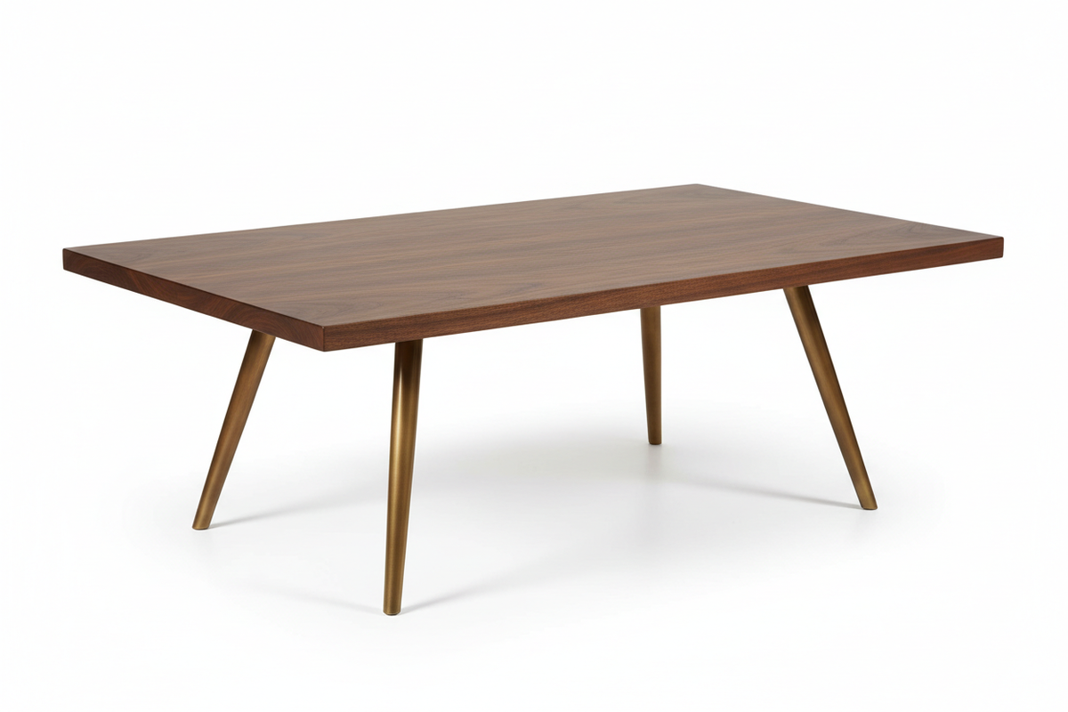 Orvexa Walnut Coffee Table with tapered brass legs, modern mid-century design