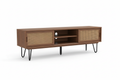 Orvexa Modern TV Stand with walnut finish, rattan sliding doors, and black hairpin legs, fits TVs up to 65 inches