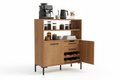 Orvexa Modern Coffee Station Stand with oak finish, open shelves, lower cabinet and black metal accents
