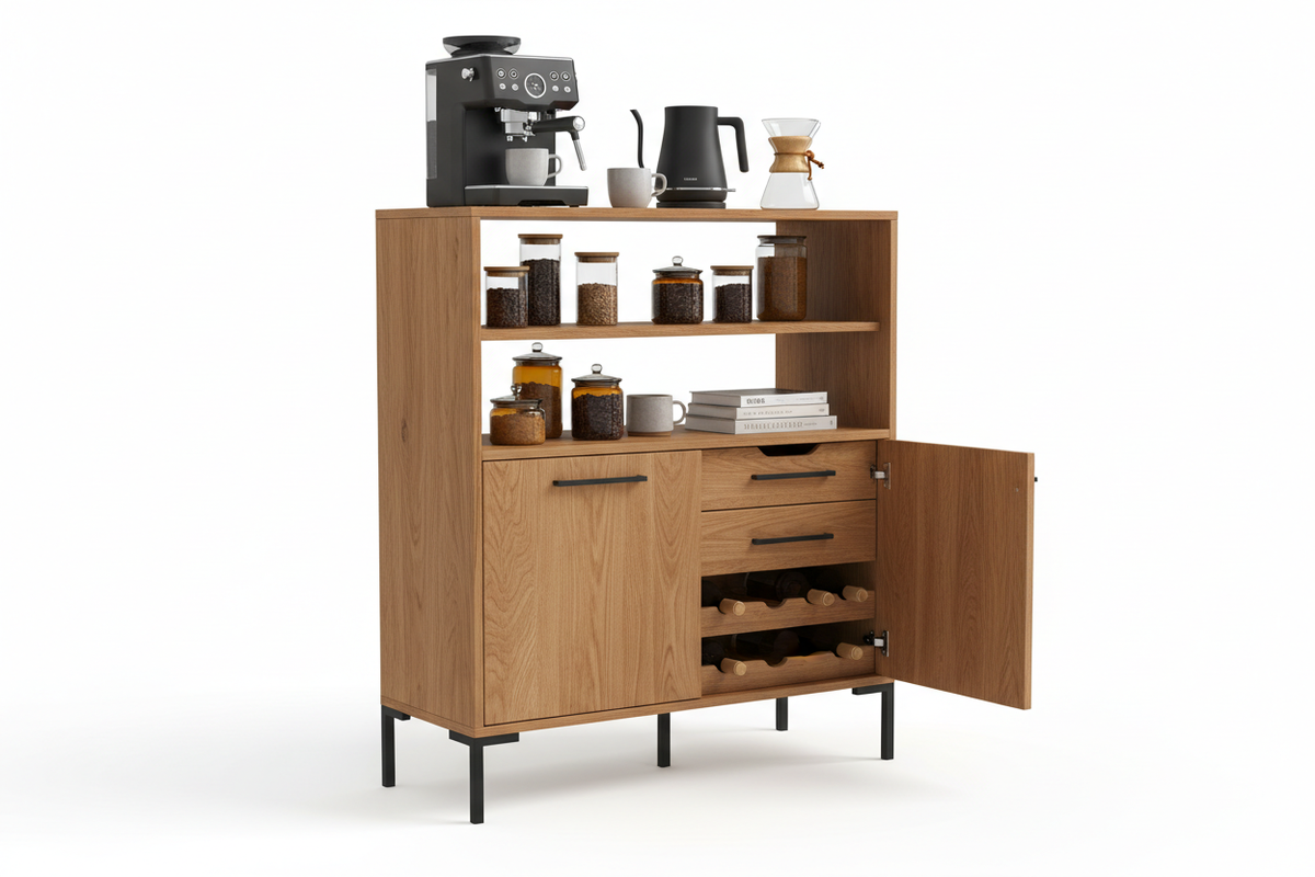 Orvexa Modern Coffee Station Stand with oak finish, open shelves, lower cabinet and black metal accents