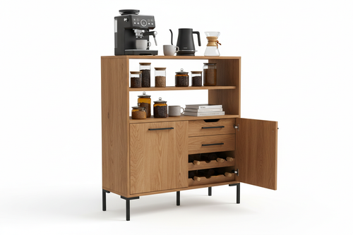 Orvexa Modern Coffee Station Stand with oak finish, open shelves, lower cabinet and black metal accents